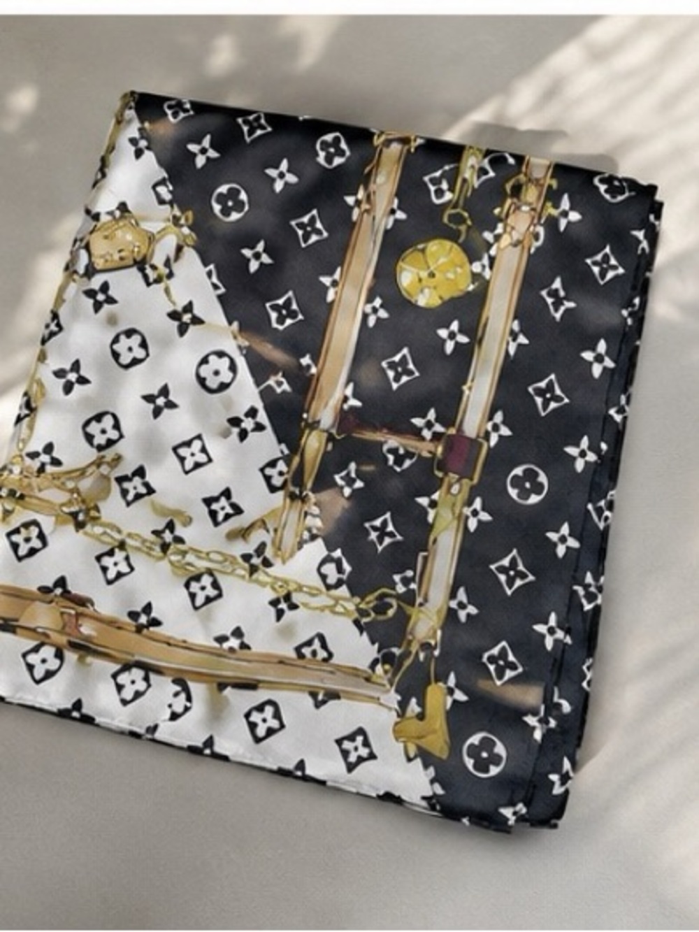 Black & White Chain Print Silk Inspired Scarf - Picture 2 of 3